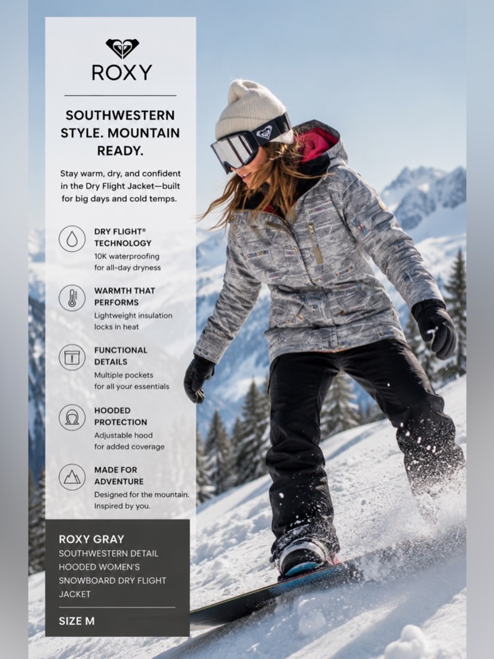 Roxy Gray Southwestern Detail Hooded Women’s Snowboard Dry Flight Jacket Sz M